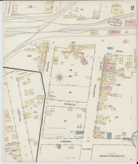 Sanborn Fire Insurance Map from Jackson, Hinds County, Mississippi (1885), Sheet #0002 - Historic Sanborn Fire Insurance Map Print, vintage old map wall art, antique decor, genealogy gift, Mississippi Mississippi map