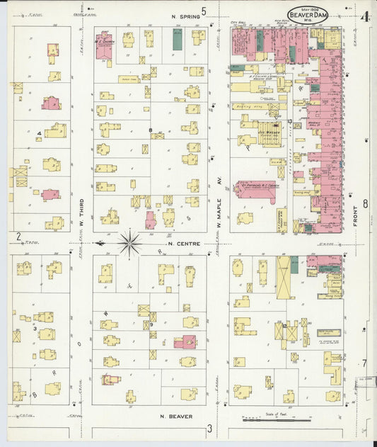 Sanborn Fire Insurance Map from Beaver Dam, Dodge County, Wisconsin (1909), Sheet #0004 - Historic Sanborn Fire Insurance Map Print, vintage old map wall art, antique decor, genealogy gift, Wisconsin Wisconsin map