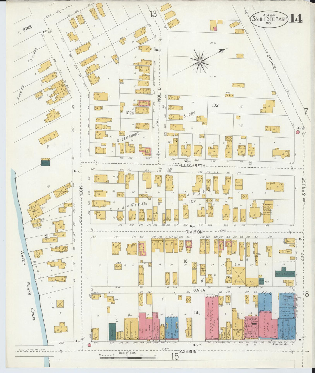 Sanborn Fire Insurance Map from Sault Sainte Marie, Chippewa County, Michigan (1906), Sheet #0014 - Historic Sanborn Fire Insurance Map Print, vintage old map wall art, antique decor, genealogy gift, Michigan Michigan map