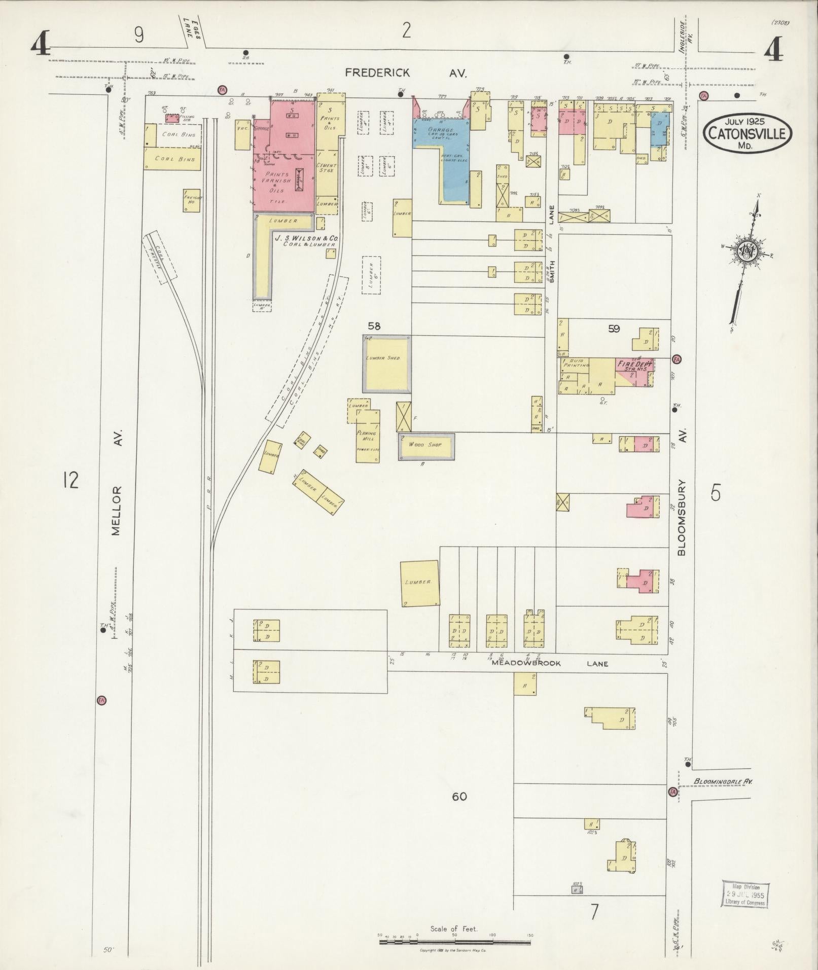 Baltimore, Maryland - 1925 - Sanborn Fire Insurance Map, Sheet #0004 - Historic Sanborn Fire Insurance Map Print, Baltimore Maryland 1925 0004 vintage old map wall art