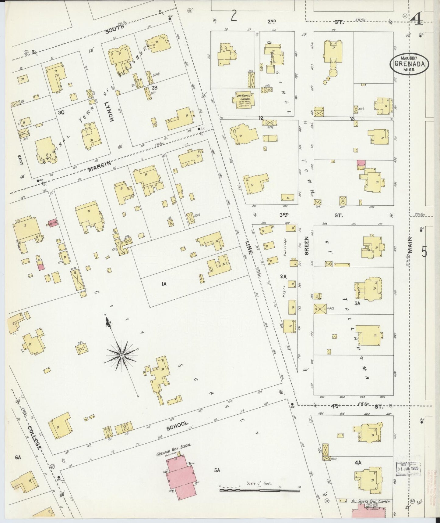 Sanborn Fire Insurance Map from Grenada, Grenada County, Mississippi (1907), Sheet #0004 - Historic Sanborn Fire Insurance Map Print, vintage old map wall art, antique decor, genealogy gift, Mississippi Mississippi map