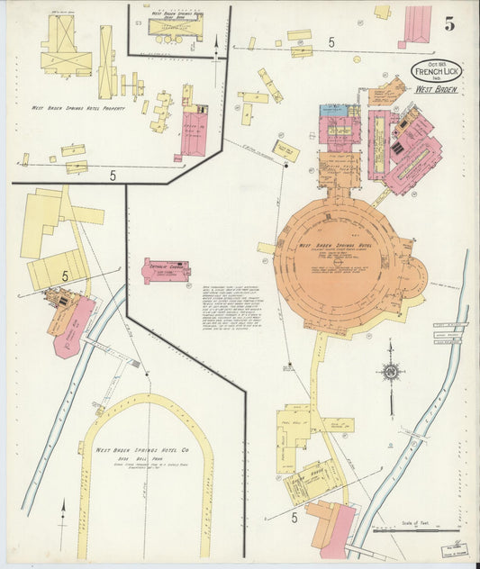 Sanborn Fire Insurance Map from French Lick, Orange County, Indiana (1913), Sheet #0005 - Historic Sanborn Fire Insurance Map Print, vintage old map wall art, antique decor, genealogy gift, Indiana Indiana map