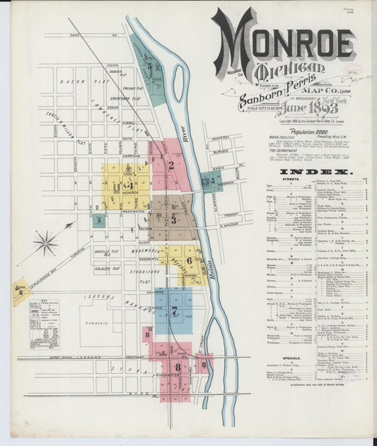 Sanborn Fire Insurance Map from Monroe, Monroe County, Michigan (1893), Sheet #0001 - Historic Sanborn Fire Insurance Map Print, vintage old map wall art, antique decor, genealogy gift, Michigan Michigan map