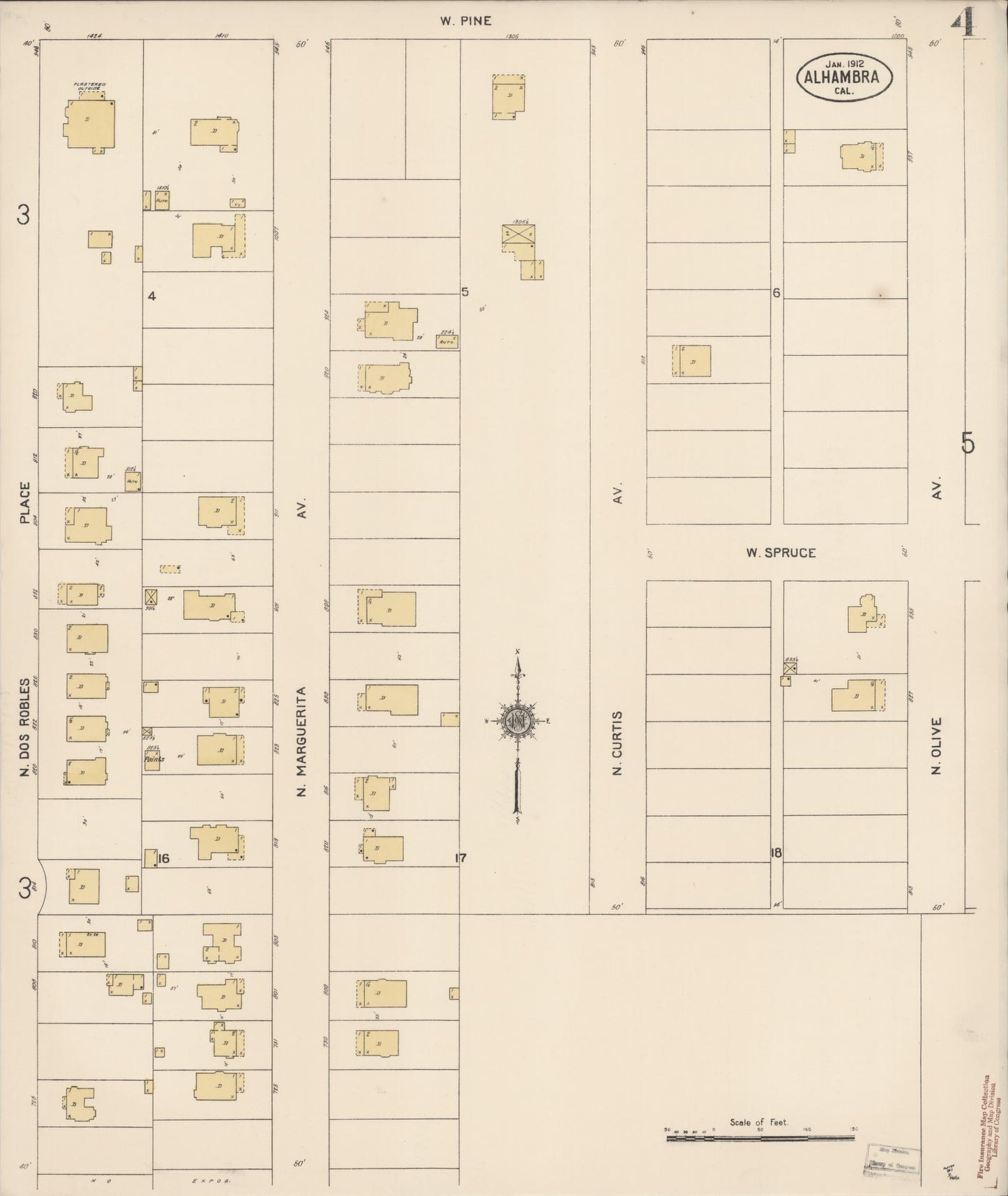 Sanborn Fire Insurance Map from Alhambra, Los Angeles County, California (1912), Sheet #0004 - Historic Sanborn Fire Insurance Map Print, vintage old map wall art, antique decor, genealogy gift, California California map