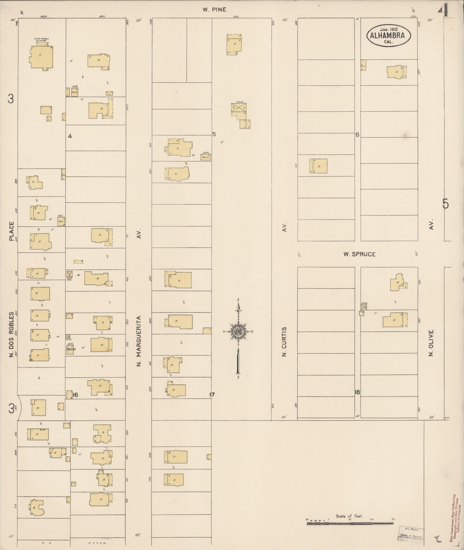 Sanborn Fire Insurance Map from Alhambra, Los Angeles County, California (1912), Sheet #0004 - Historic Sanborn Fire Insurance Map Print, vintage old map wall art, antique decor, genealogy gift, California California map