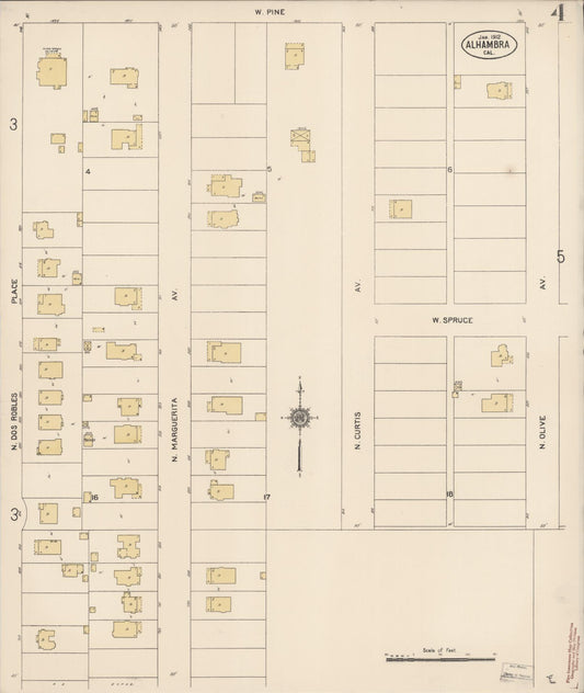 Sanborn Fire Insurance Map from Alhambra, Los Angeles County, California (1912), Sheet #0004 - Historic Sanborn Fire Insurance Map Print, vintage old map wall art, antique decor, genealogy gift, California California map