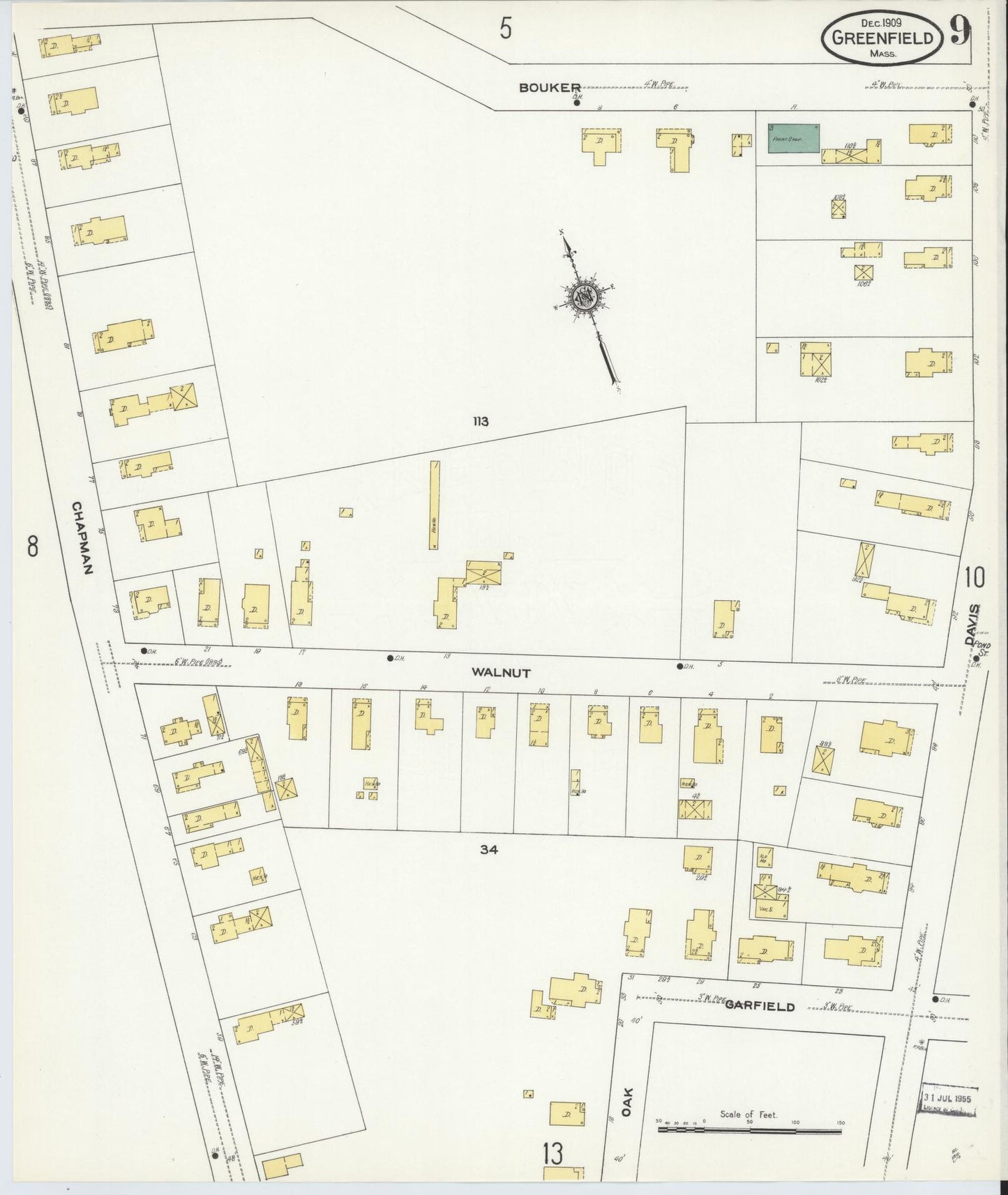 Sanborn Fire Insurance Map from Greenfield, Franklin County, Massachusetts (1909), Sheet #0009 - Historic Sanborn Fire Insurance Map Print, vintage old map wall art, antique decor, genealogy gift, Massachusetts Massachusetts map