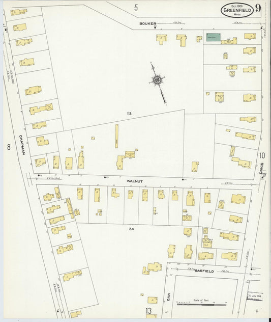 Sanborn Fire Insurance Map from Greenfield, Franklin County, Massachusetts (1909), Sheet #0009 - Historic Sanborn Fire Insurance Map Print, vintage old map wall art, antique decor, genealogy gift, Massachusetts Massachusetts map