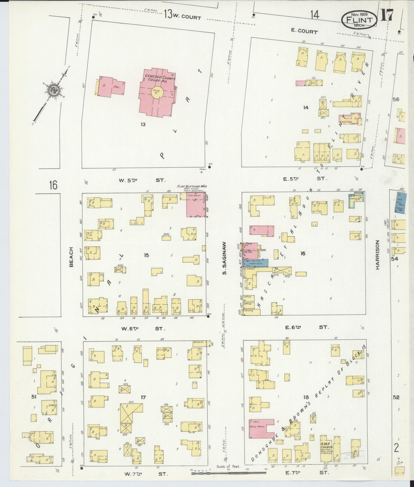 Sanborn Fire Insurance Map from Flint, Genesee County, Michigan (1909), Sheet #0017 - Historic Sanborn Fire Insurance Map Print, vintage old map wall art, antique decor, genealogy gift, Michigan Michigan map