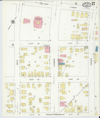 Sanborn Fire Insurance Map from Flint, Genesee County, Michigan (1909), Sheet #0017 - Historic Sanborn Fire Insurance Map Print, vintage old map wall art, antique decor, genealogy gift, Michigan Michigan map
