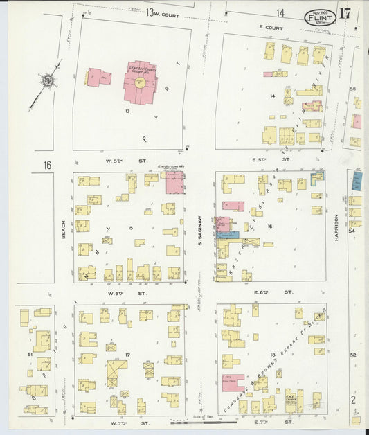 Sanborn Fire Insurance Map from Flint, Genesee County, Michigan (1909), Sheet #0017 - Historic Sanborn Fire Insurance Map Print, vintage old map wall art, antique decor, genealogy gift, Michigan Michigan map