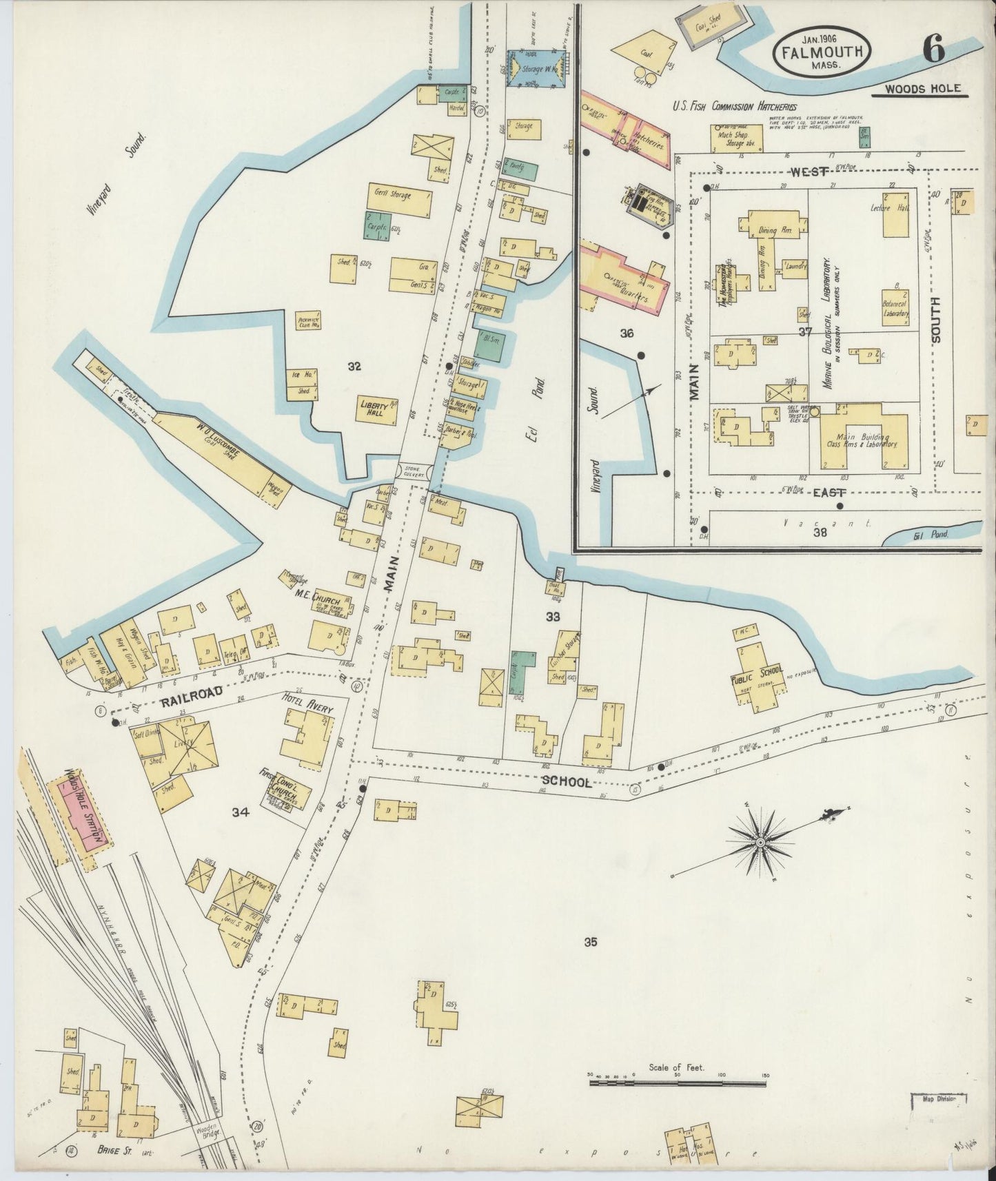 Sanborn Fire Insurance Map from Falmouth, Barnstable County, Massachusetts (1906), Sheet #0006 - Complete Map Set gallery image, historic Sanborn map, vintage wall art, Massachusetts Massachusetts
