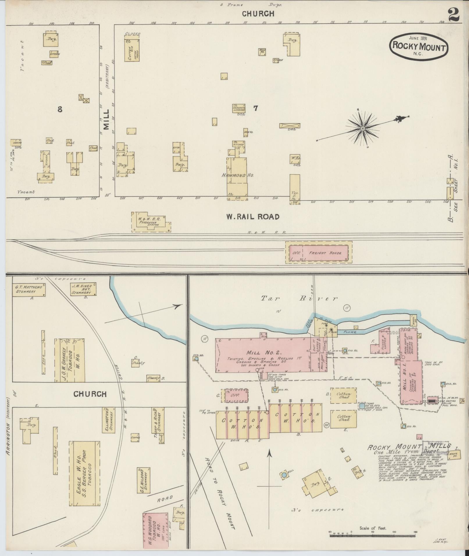 Sanborn Fire Insurance Map from Rocky Mount, Edgecombe And Nash Counties, North Carolina (1891), Sheet #0002 - Complete Map Set gallery image, historic Sanborn map, vintage wall art, North Carolina North Carolina