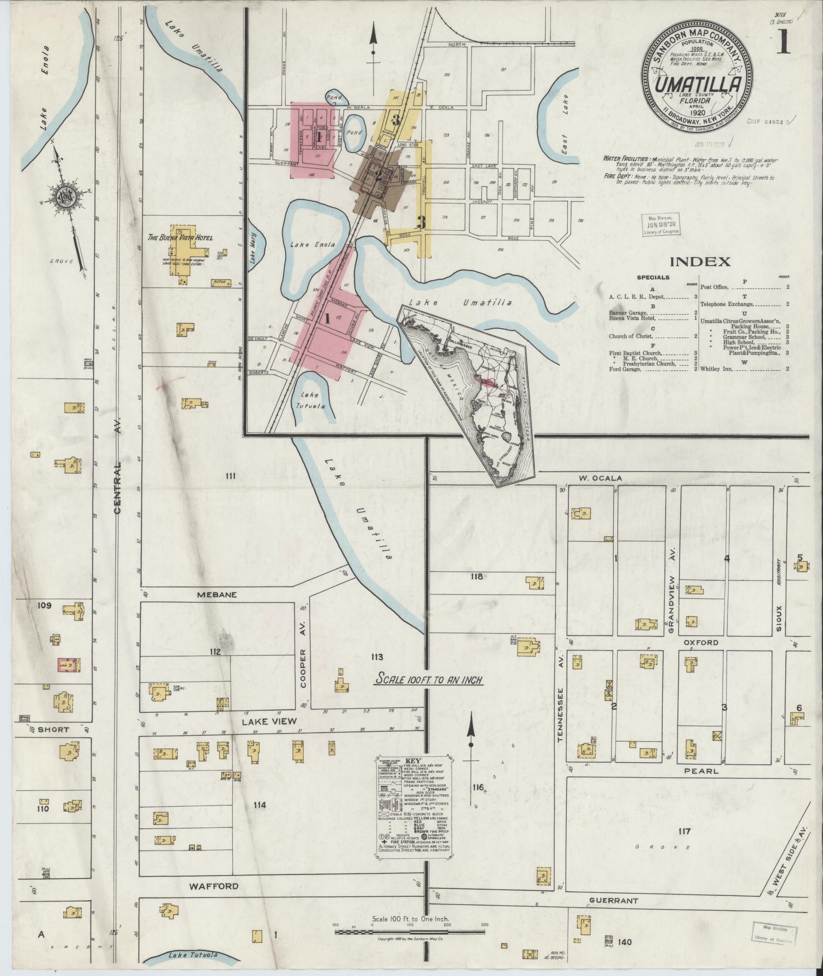 Sanborn Fire Insurance Map from Umatilla, Lake County, Florida (1920), Sheet #0001 - Historic Sanborn Fire Insurance Map Print, vintage old map wall art, antique decor, genealogy gift, Florida Florida map