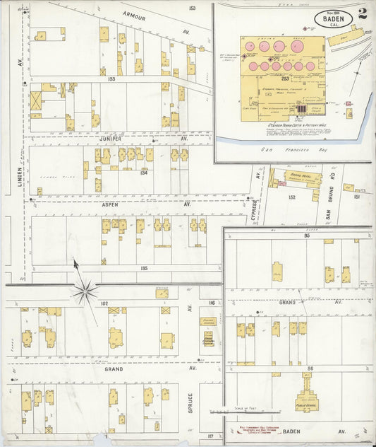 Sanborn Fire Insurance Map from Baden, San Mateo County, California (1905), Sheet #0002 - Historic Sanborn Fire Insurance Map Print, vintage old map wall art, antique decor, genealogy gift, California California map