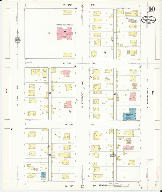 Sanborn Fire Insurance Map from Roswell, Chaves County, New Mexico (1913), Sheet #0010 - Historic Sanborn Fire Insurance Map Print, vintage old map wall art, antique decor, genealogy gift, New Mexico New Mexico map