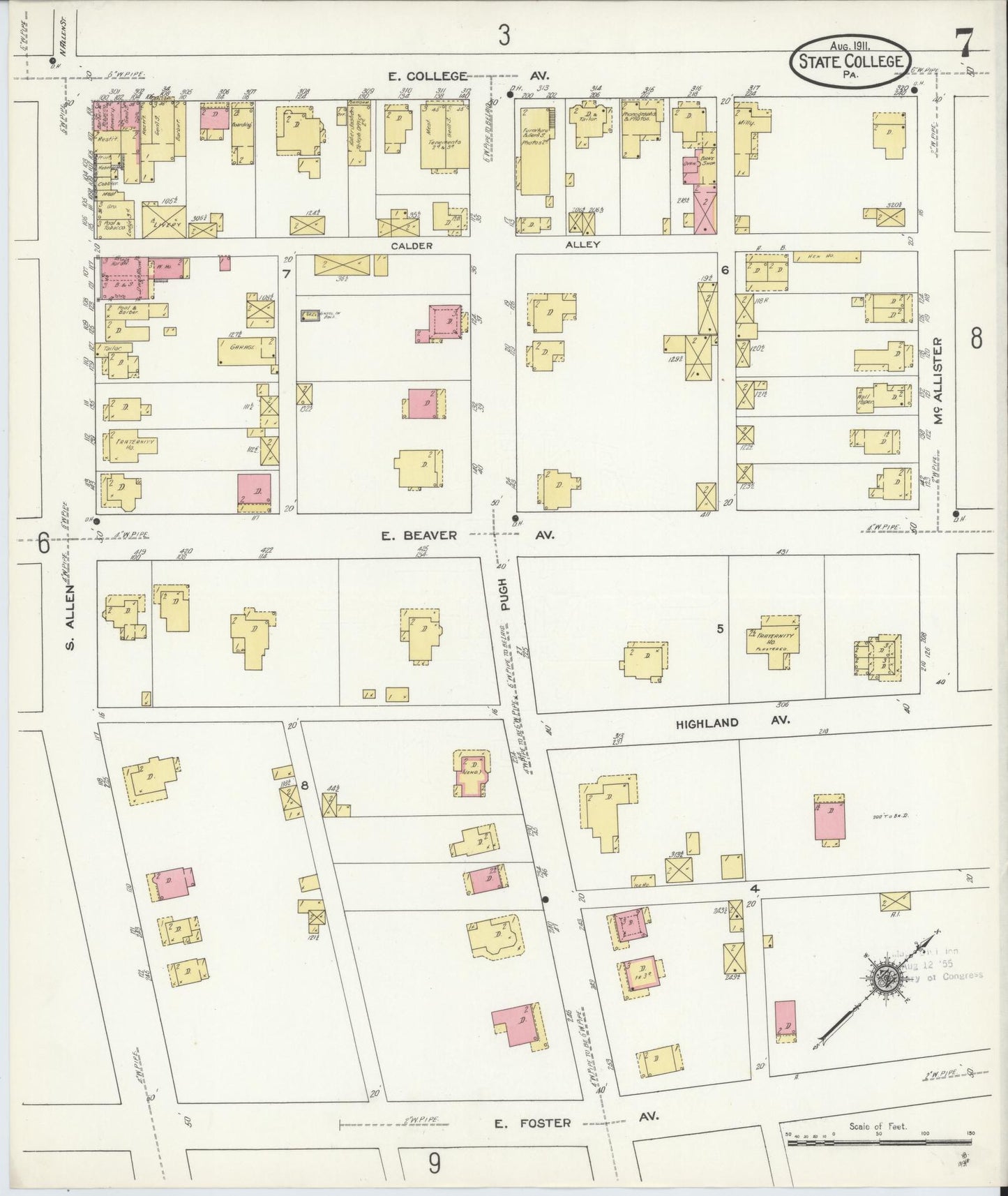 Sanborn Fire Insurance Map from State College, Centre County, Pennsylvania (1911), Sheet #0007 - Historic Sanborn Fire Insurance Map Print, vintage old map wall art, antique decor, genealogy gift, Pennsylvania Pennsylvania map