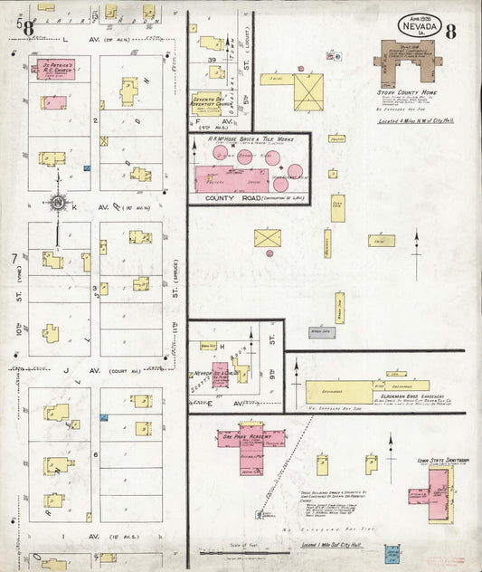 Sanborn Fire Insurance Map from Nevada, Story County, Iowa (1926), Sheet #0008 - Historic Sanborn Fire Insurance Map Print, vintage old map wall art