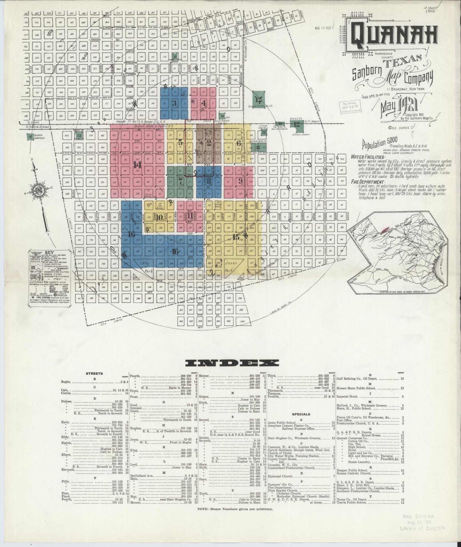 Sanborn Fire Insurance Map from Quanah, Hardeman County, Texas. (1921) – Historic Sanborn Fire Insurance Map Print