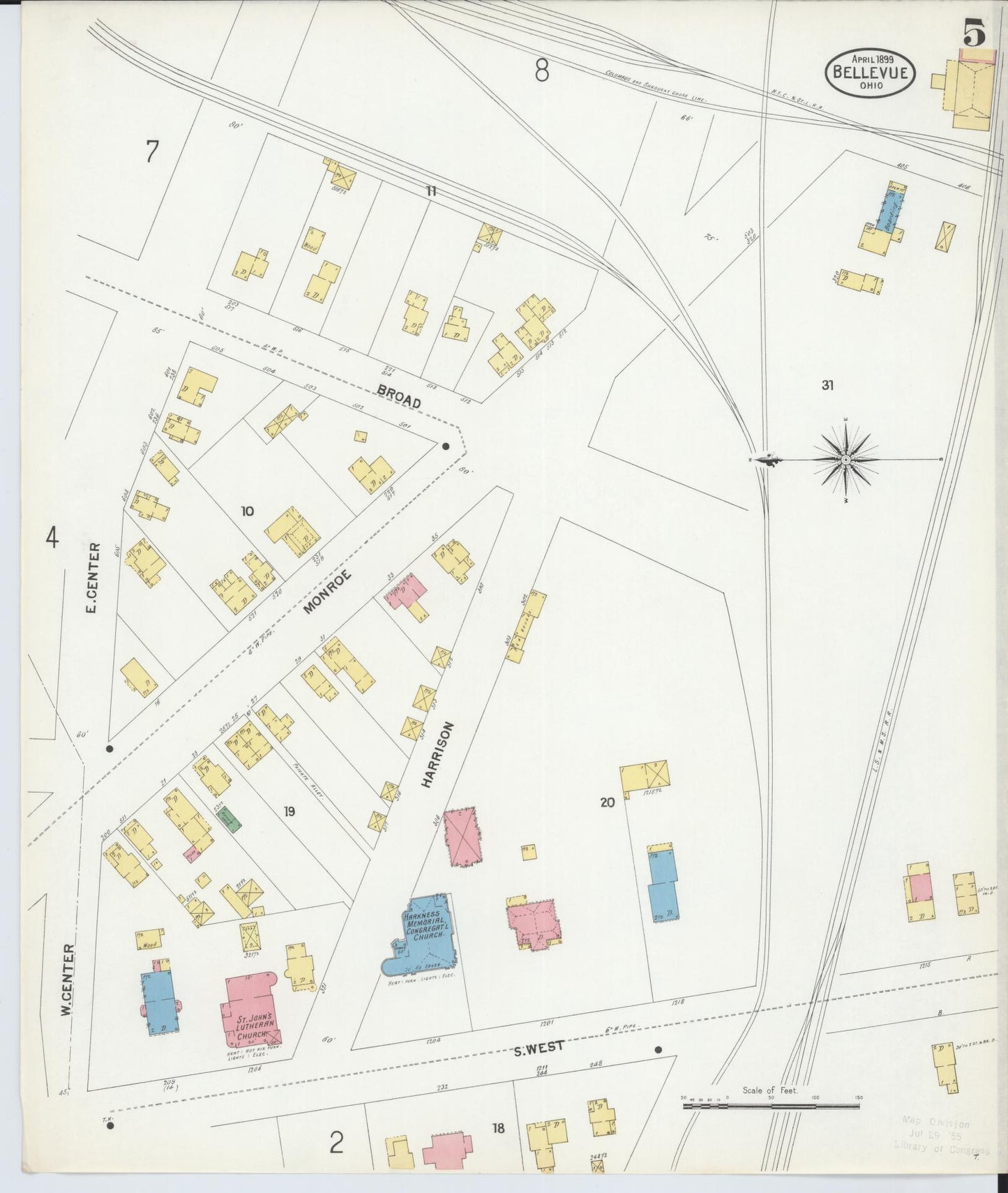 Sanborn Fire Insurance Map from Bellevue, Huron And Sandusky County, Ohio (1899), Sheet #0005 - Historic Sanborn Fire Insurance Map Print, vintage old map wall art, antique decor, genealogy gift, Ohio Ohio map