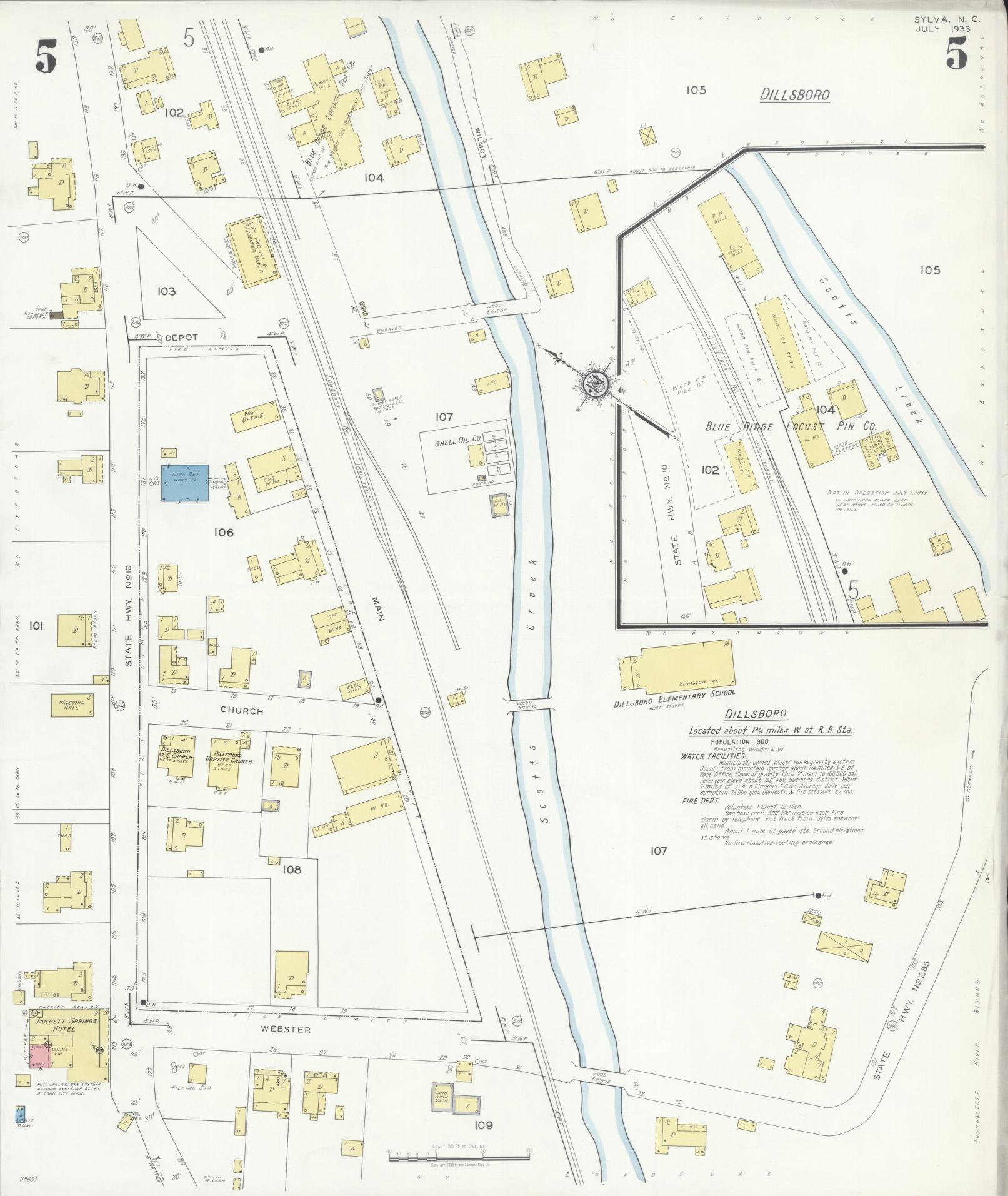 Sanborn Fire Insurance Map from Sylva, Jackson County, North Carolina (1933), Sheet #0005 - Complete Map Set gallery image, historic Sanborn map, vintage wall art, North Carolina North Carolina