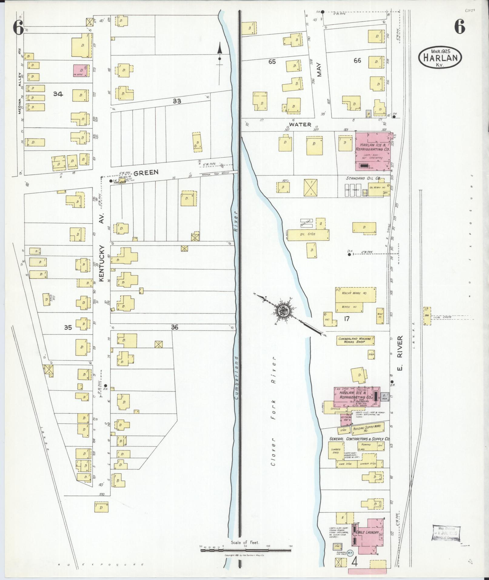 Sanborn Fire Insurance Map from Harlan, Harlan County, Kentucky (1925), Sheet #0006 - Historic Sanborn Fire Insurance Map Print, vintage old map wall art, antique decor, genealogy gift, Kentucky Kentucky map