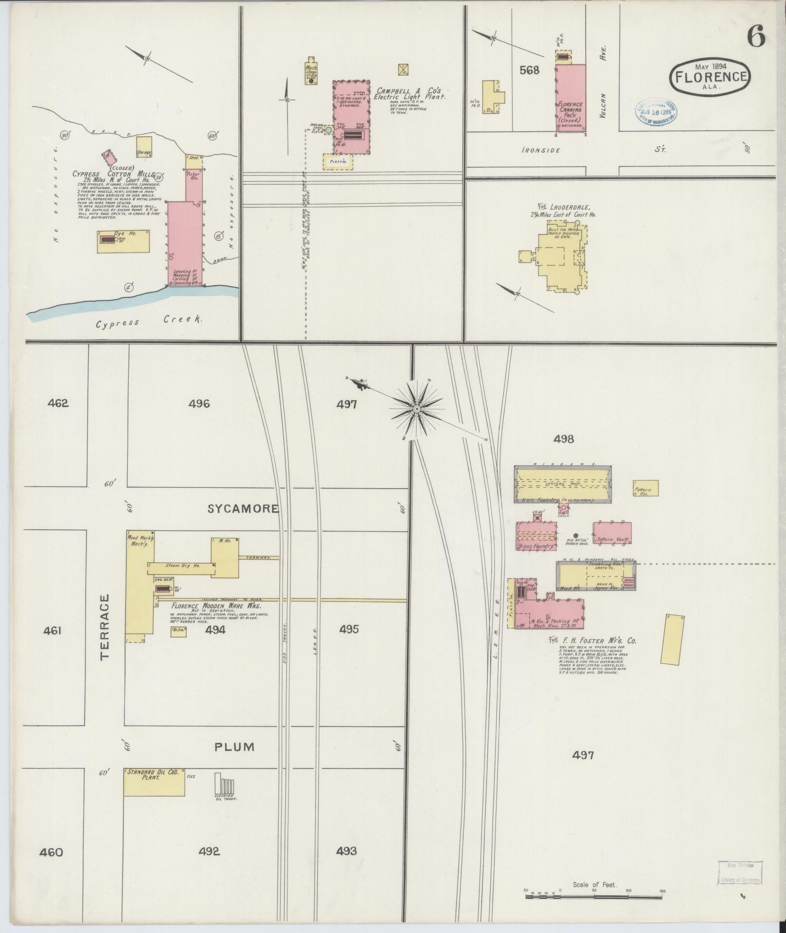 Sanborn Fire Insurance Map from Florence, Lauderdale County, Alabama (1894), Sheet #0006 - Historic Sanborn Fire Insurance Map Print, vintage old map wall art, antique decor, genealogy gift, Alabama Alabama map
