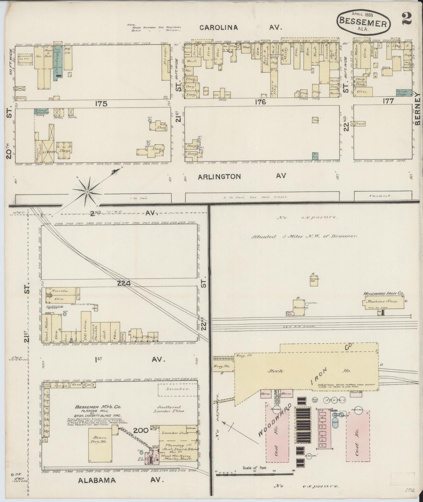 Sanborn Fire Insurance Map from Bessemer, Jefferson County, Alabama (1888), Sheet #0002 - Complete Map Set gallery image, historic Sanborn map, vintage wall art, Alabama Alabama