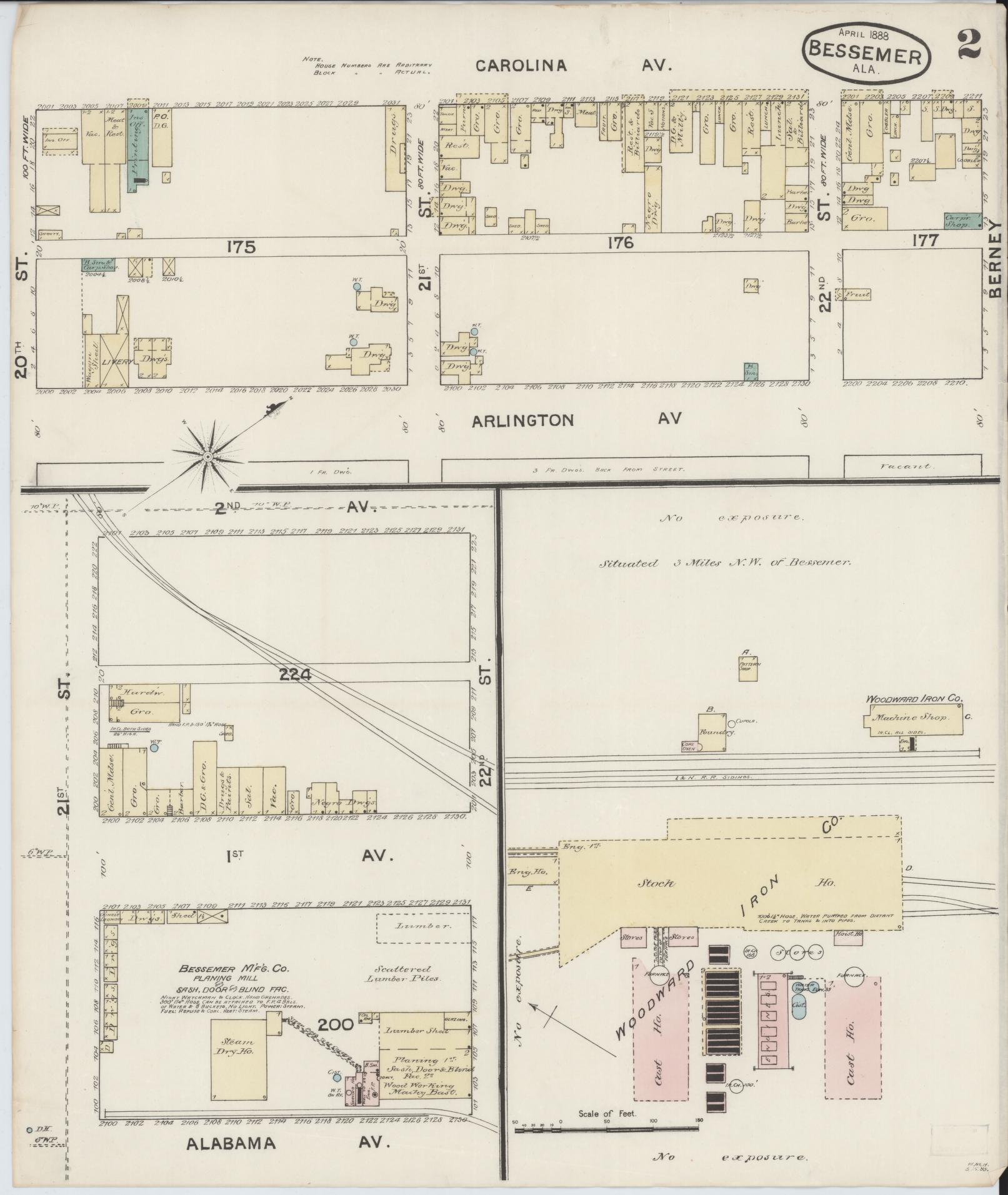 Sanborn Fire Insurance Map from Bessemer, Jefferson County, Alabama (1888), Sheet #0002 - Complete Map Set gallery image, historic Sanborn map, vintage wall art, Alabama Alabama