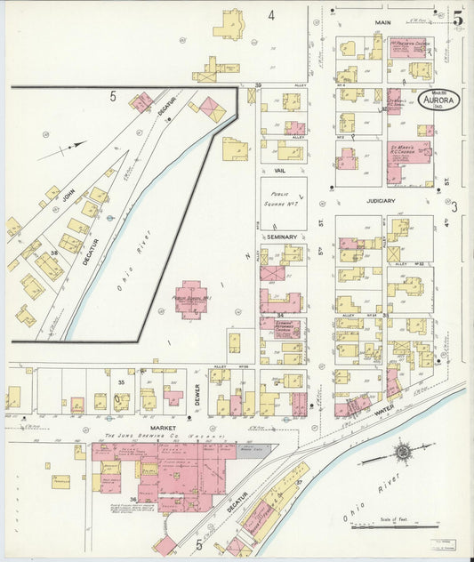 Sanborn Fire Insurance Map from Aurora, Dearborn County, Indiana (1911), Sheet #0005 - Historic Sanborn Fire Insurance Map Print, vintage old map wall art, antique decor, genealogy gift, Indiana Indiana map