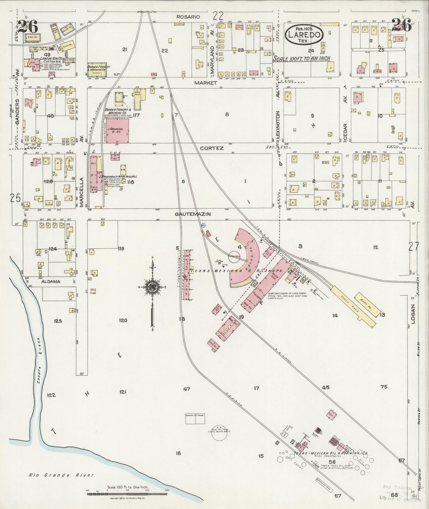 Sanborn Fire Insurance Map from Laredo, Webb County, Texas (1925), Sheet #0026 - Historic Sanborn Fire Insurance Map Print, vintage old map wall art, antique decor, genealogy gift, Texas Texas map