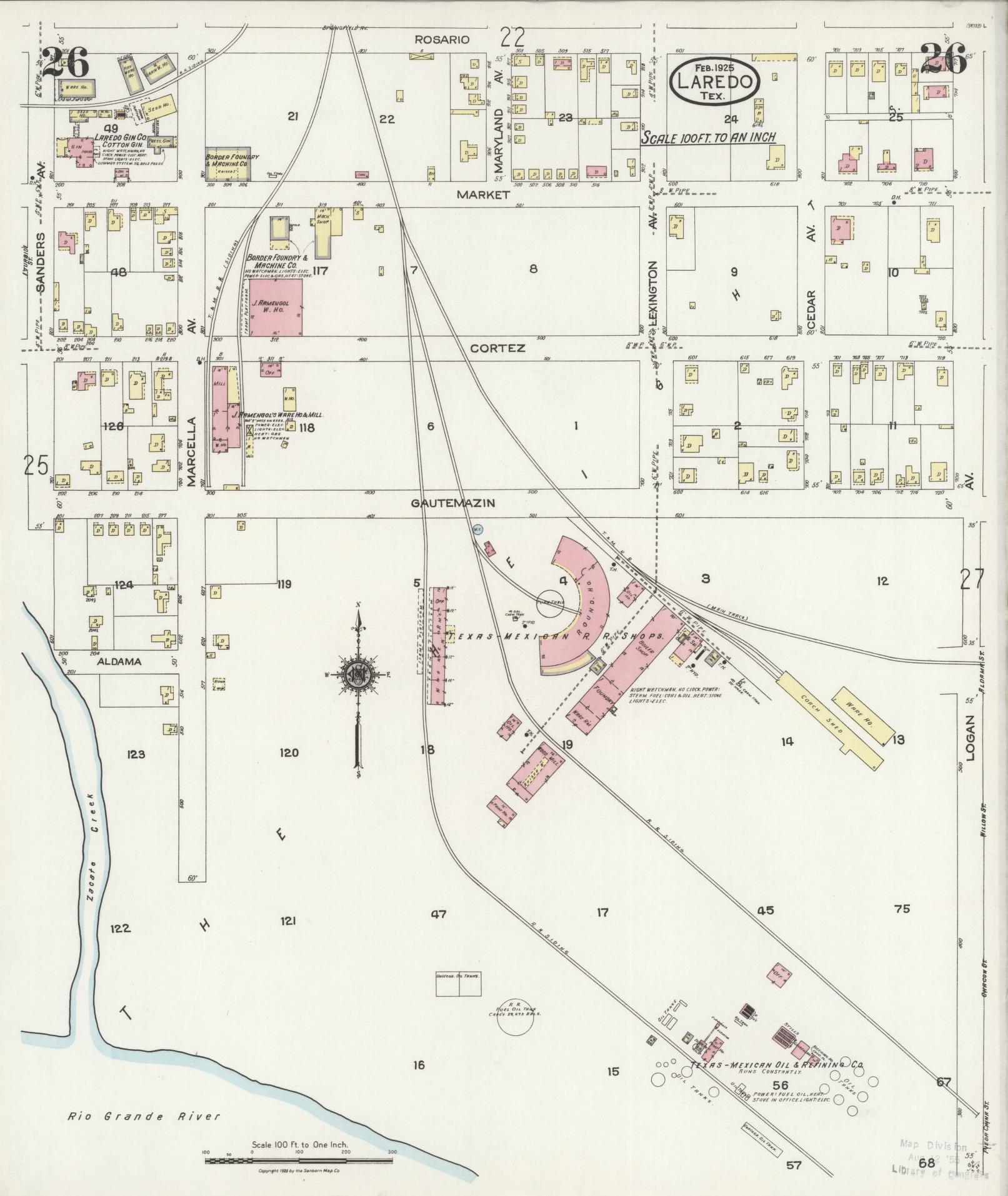 Sanborn Fire Insurance Map from Laredo, Webb County, Texas (1925), Sheet #0026 - Historic Sanborn Fire Insurance Map Print, vintage old map wall art, antique decor, genealogy gift, Texas Texas map