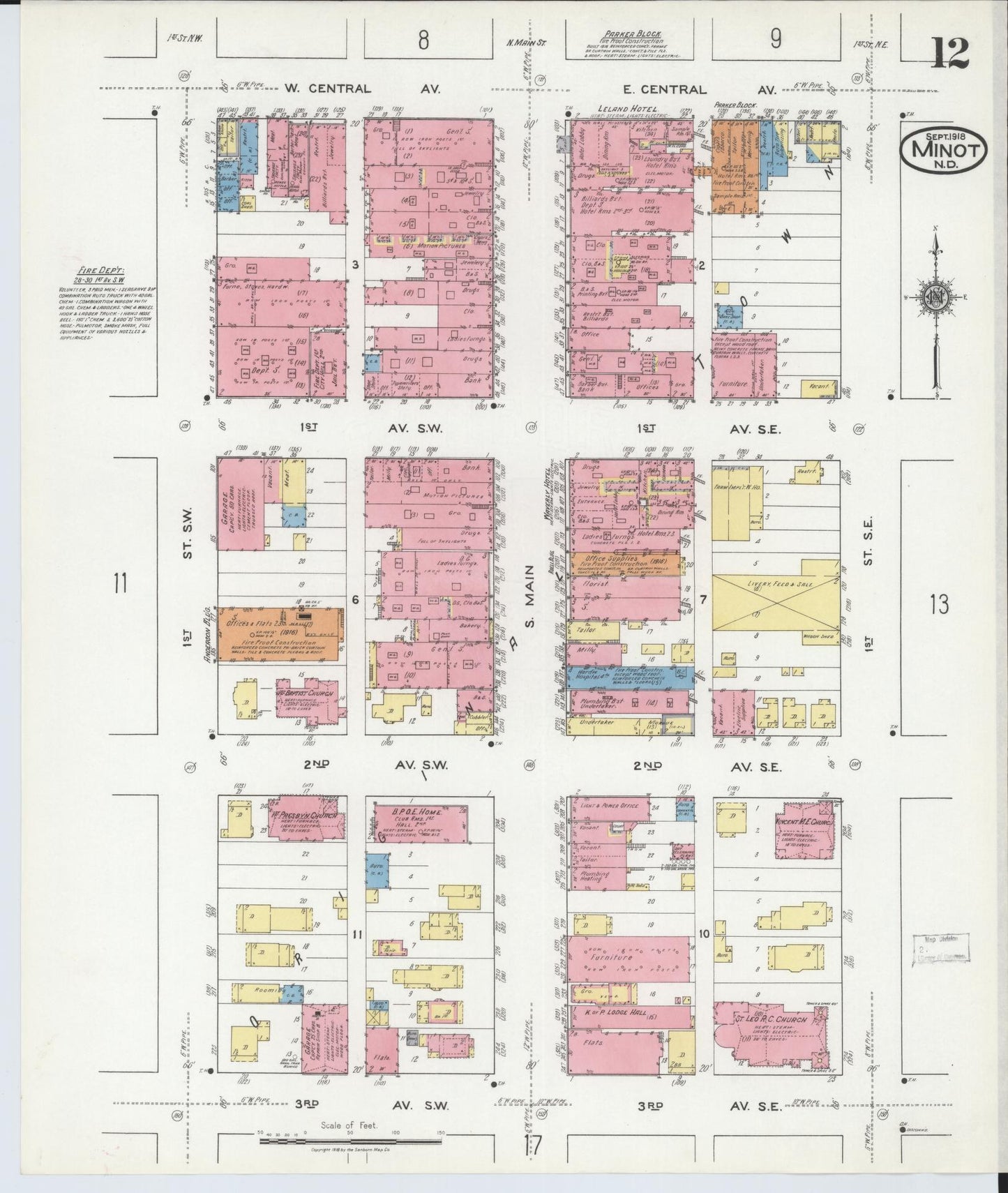 Sanborn Fire Insurance Map from Minot, Ward County, North Dakota (1918), Sheet #0012 - Complete Map Set gallery image, historic Sanborn map, vintage wall art, North Dakota North Dakota