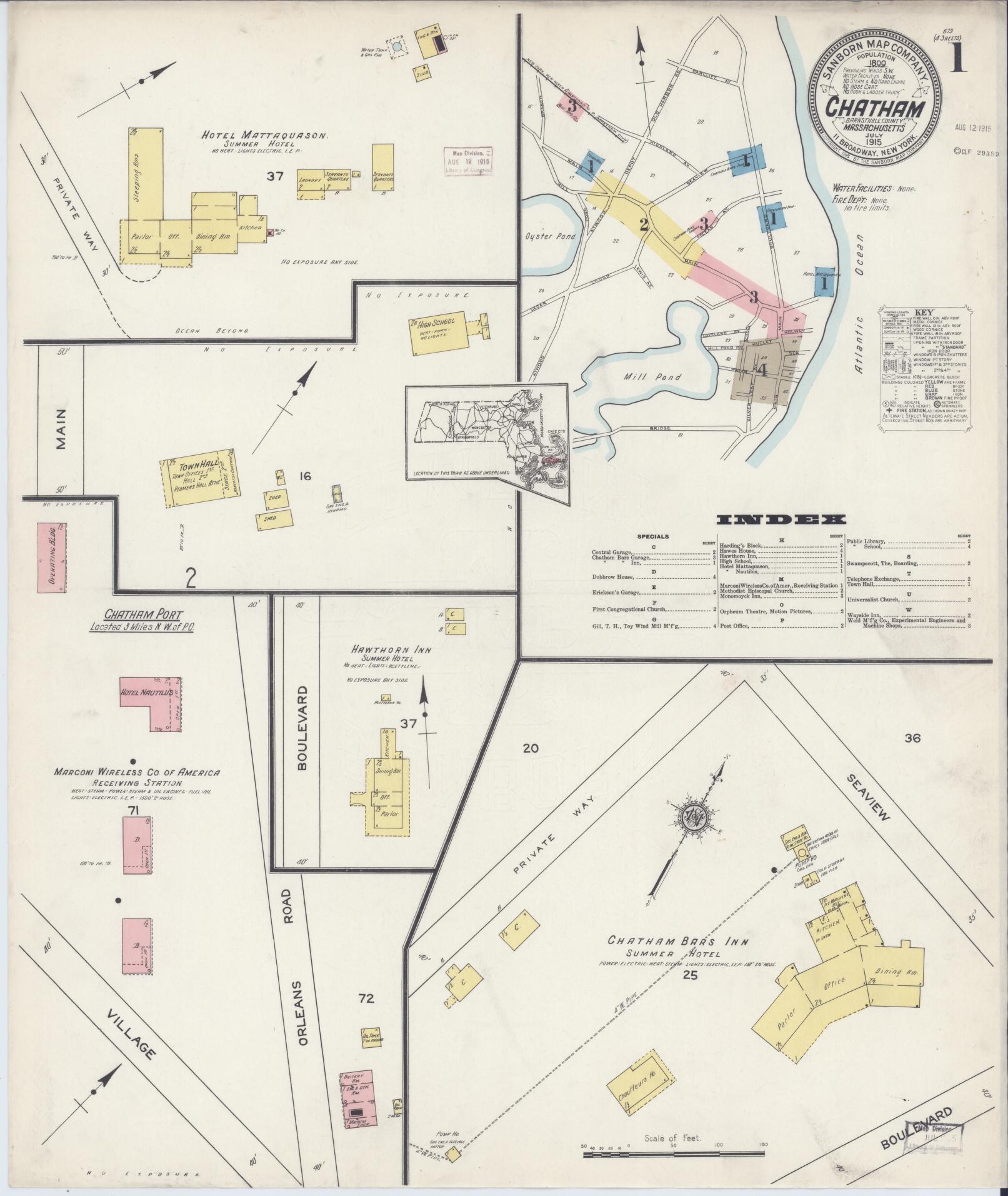 Sanborn Fire Insurance Map from Chatham, Barnstable County, Massachusetts (1915), Sheet #0001 - Historic Sanborn Fire Insurance Map Print, vintage old map wall art, antique decor, genealogy gift, Massachusetts Massachusetts map