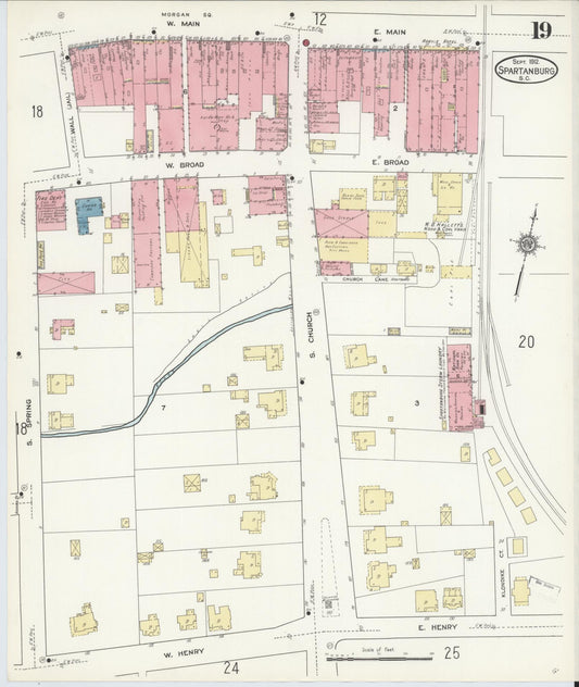 Sanborn Fire Insurance Map from Spartanburg, Spartanburg County, South Carolina (1912), Sheet #0019 - Historic Sanborn Fire Insurance Map Print, vintage old map wall art, antique decor, genealogy gift, South Carolina South Carolina map