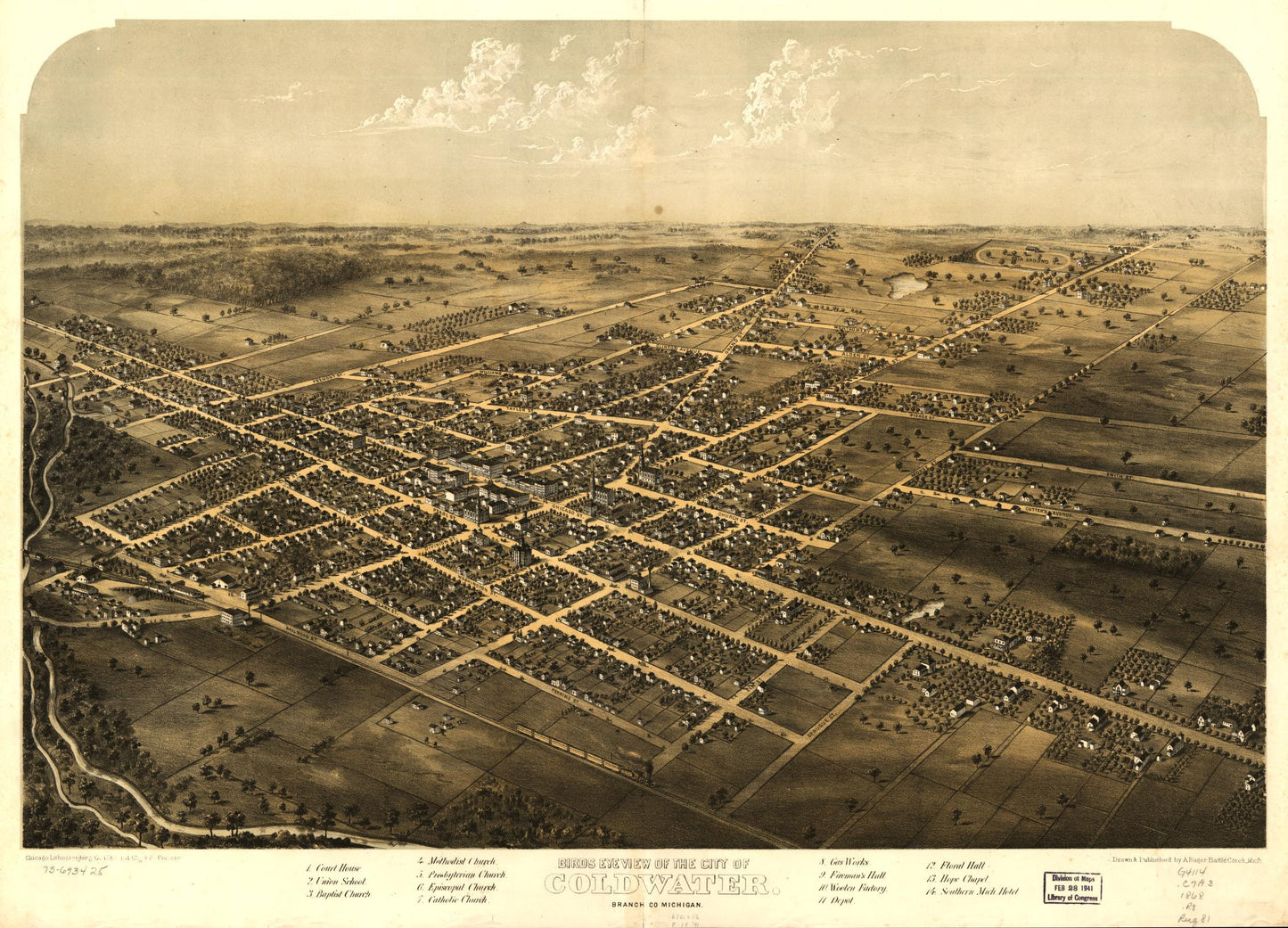 Birds eye view of the city of Coldwater, Branch Co., Michigan. (1868) – Historic Bird’s-Eye View Panorama Print