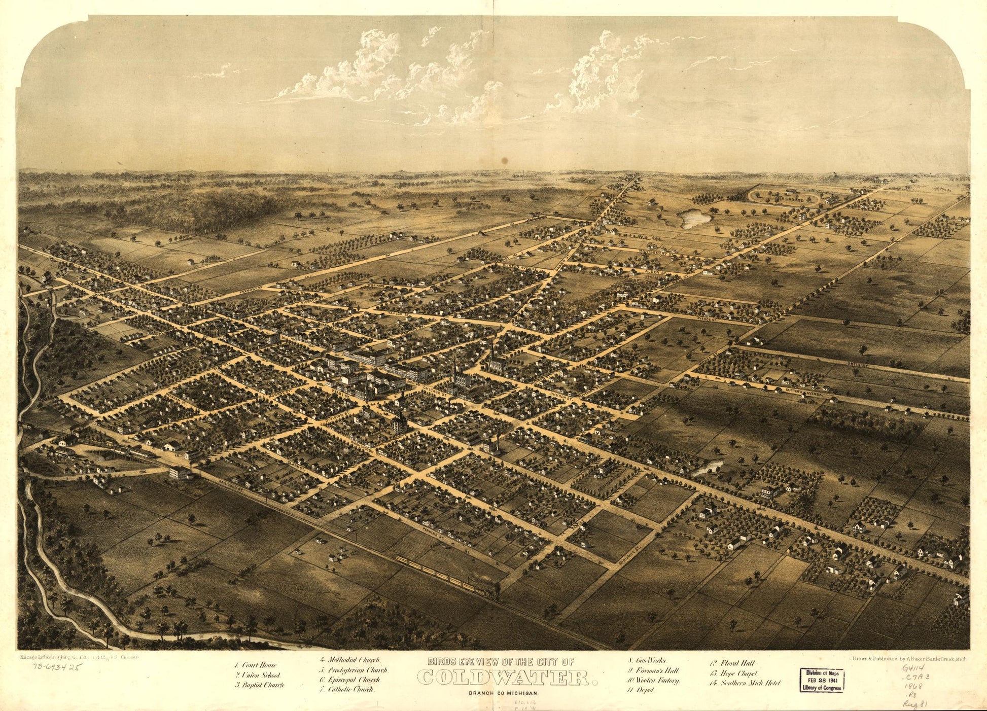 Birds eye view of the city of Coldwater, Branch Co., Michigan. (1868) – Historic Bird’s-Eye View Panorama Print