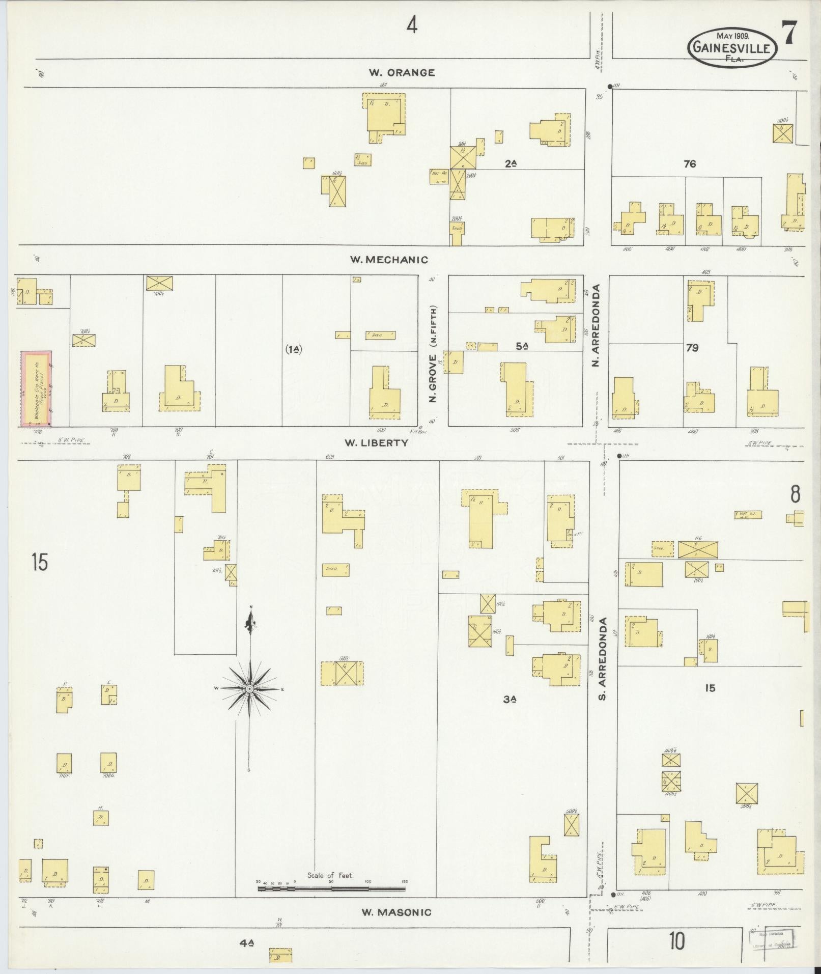 Sanborn Fire Insurance Map from Gainesville, Alachua County, Florida (1909), Sheet #0007 - Complete Map Set gallery image, historic Sanborn map, vintage wall art, Florida Florida