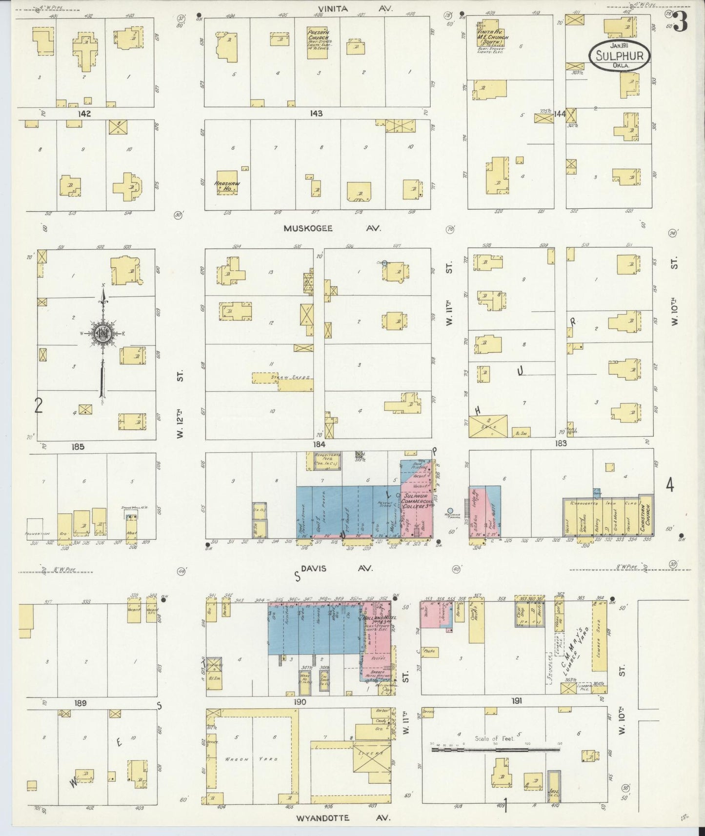 Sanborn Fire Insurance Map from Sulphur, Murray County, Oklahoma (1911), Sheet #0003 - Complete Map Set gallery image, historic Sanborn map, vintage wall art, Oklahoma Oklahoma