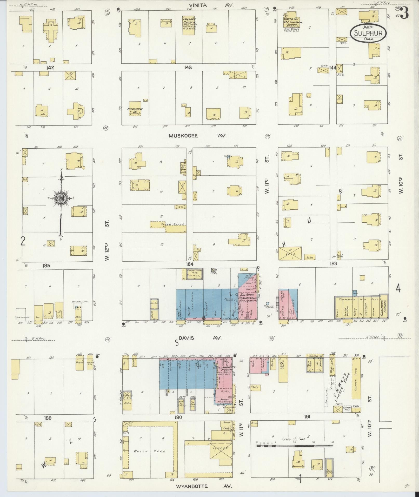 Sanborn Fire Insurance Map from Sulphur, Murray County, Oklahoma (1911), Sheet #0003 - Complete Map Set gallery image, historic Sanborn map, vintage wall art, Oklahoma Oklahoma