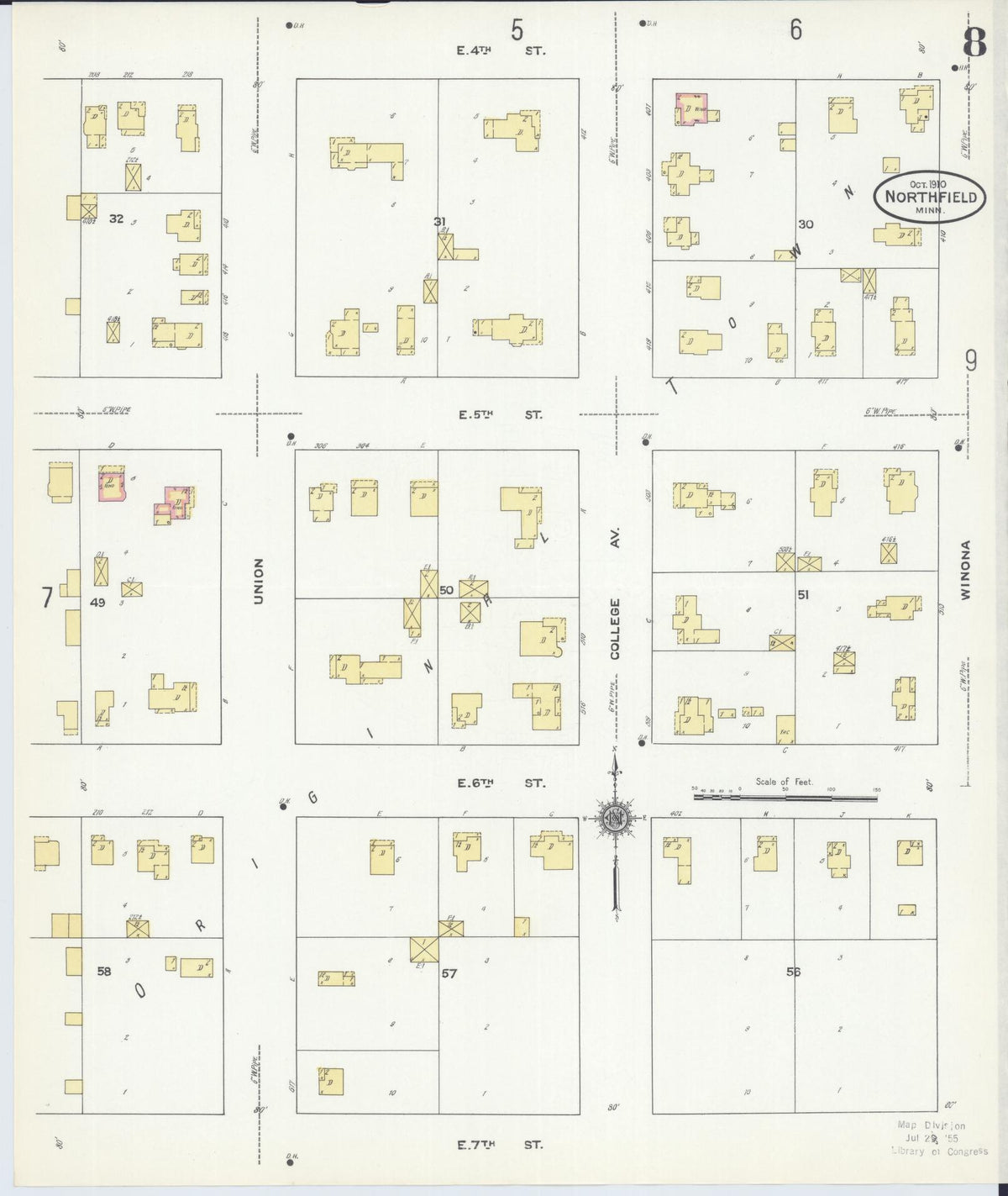Sanborn Fire Insurance Map from Northfield, Rice County, Minnesota (1910), Sheet #0008 - Historic Sanborn Fire Insurance Map Print, vintage old map wall art, antique decor, genealogy gift, Minnesota Minnesota map