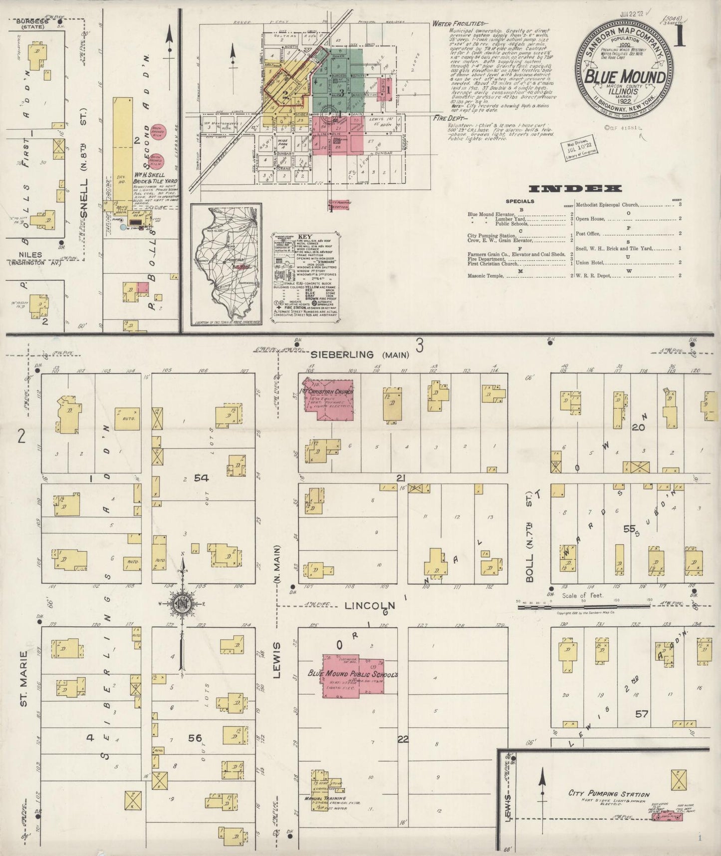 Sanborn Fire Insurance Map from Blue Mound, Macon County, Illinois (1922), Sheet #0001 - Historic Sanborn Fire Insurance Map Print, vintage old map wall art, antique decor, genealogy gift, Illinois Illinois map