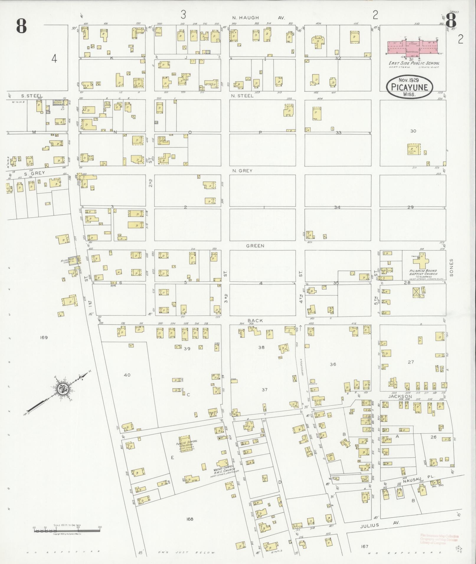 Sanborn Fire Insurance Map from Picayune, Pearl River County, Mississippi (1929), Sheet #0008 - Historic Sanborn Fire Insurance Map Print, vintage old map wall art, antique decor, genealogy gift, Mississippi Mississippi map