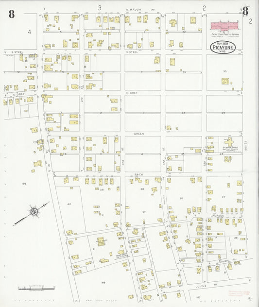 Sanborn Fire Insurance Map from Picayune, Pearl River County, Mississippi (1929), Sheet #0008 - Historic Sanborn Fire Insurance Map Print, vintage old map wall art, antique decor, genealogy gift, Mississippi Mississippi map