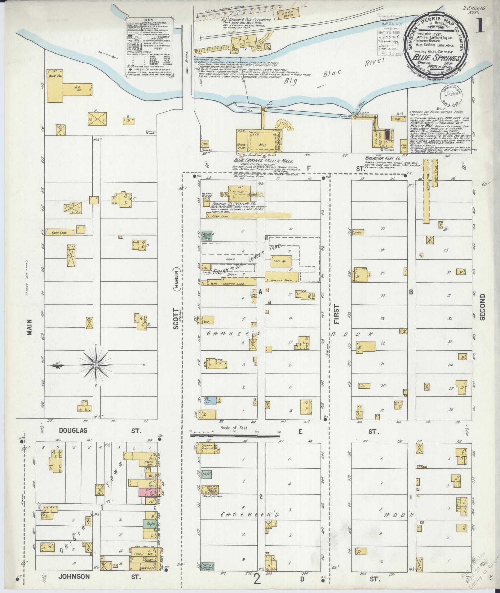 Sanborn Fire Insurance Map from Blue Springs, Gage County, Nebraska (1900), Sheet #0001 - Complete Map Set gallery image, historic Sanborn map, vintage wall art, Nebraska Nebraska