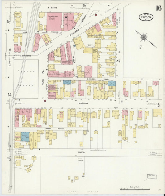 Sanborn Fire Insurance Map from Hudson, Columbia County, New York (1911), Sheet #0016 - Historic Sanborn Fire Insurance Map Print, vintage old map wall art, antique decor, genealogy gift, New York New York map