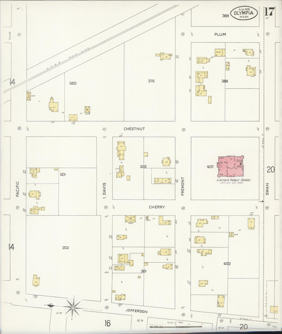 Sanborn Fire Insurance Map from Olympia, Thurston County, Washington (1908), Sheet #0017 - Historic Sanborn Fire Insurance Map Print, vintage old map wall art, antique decor, genealogy gift, Washington Washington map