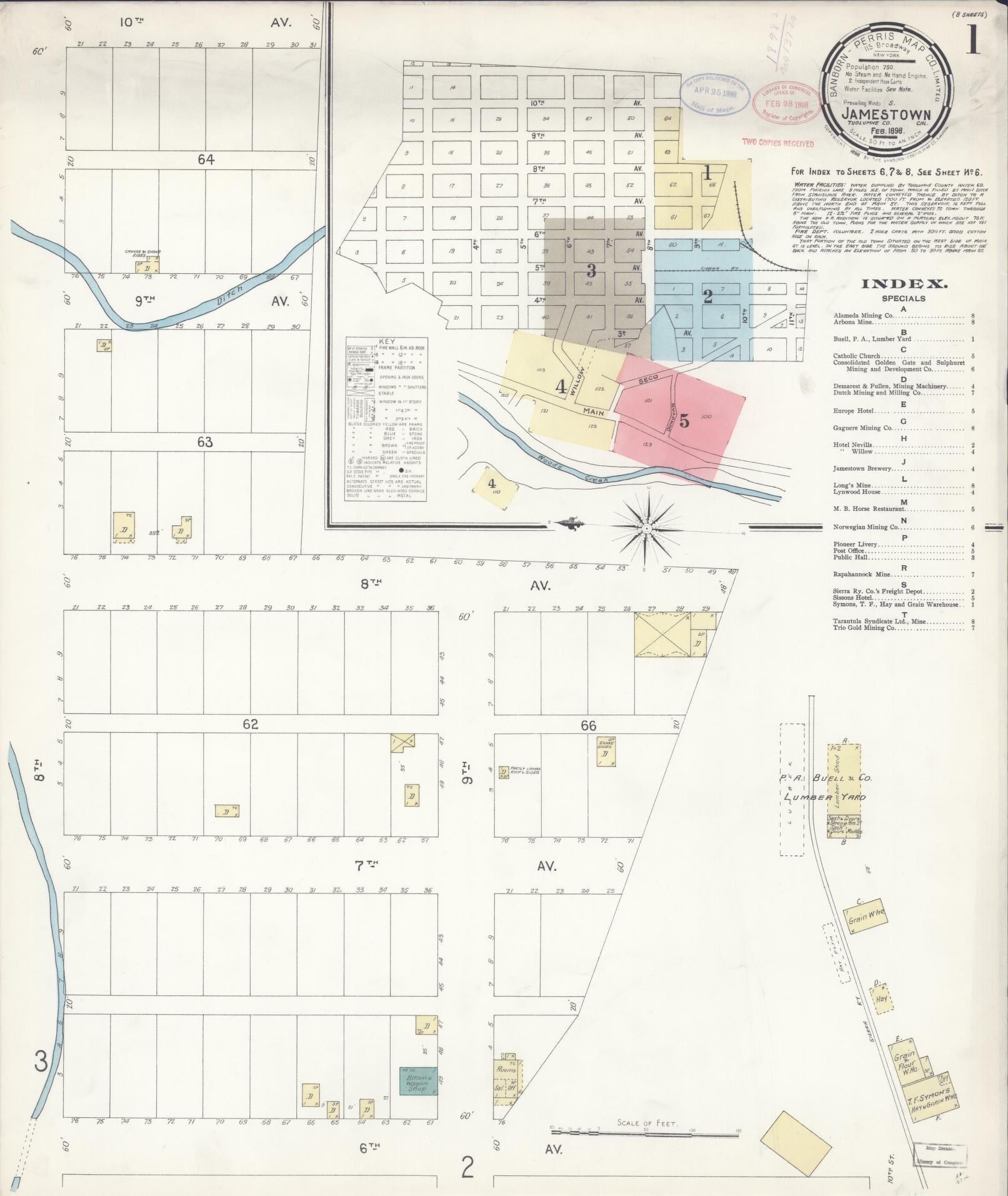 Sanborn Fire Insurance Map from Jamestown, Tuolumne County, California (1898), Sheet #0001 - Historic Sanborn Fire Insurance Map Print, vintage old map wall art, antique decor, genealogy gift, California California map