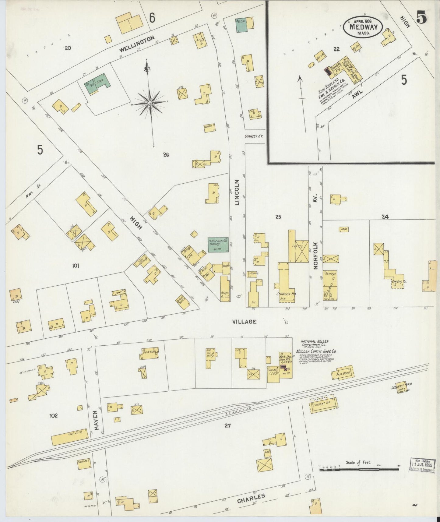 Sanborn Fire Insurance Map from Medway, Norfolk County, Massachusetts (1903), Sheet #0005 - Complete Map Set gallery image, historic Sanborn map, vintage wall art, Massachusetts Massachusetts