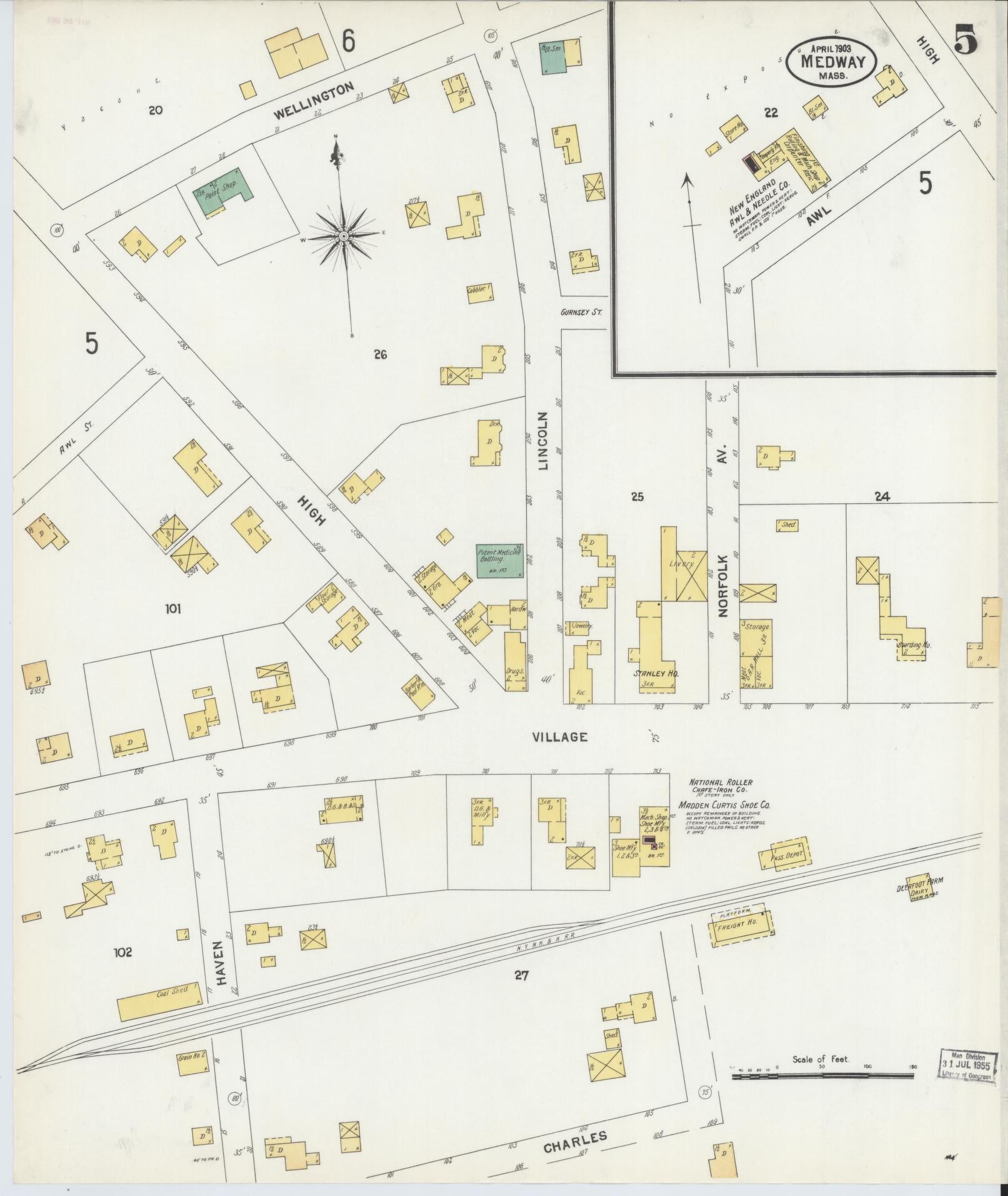 Sanborn Fire Insurance Map from Medway, Norfolk County, Massachusetts (1903), Sheet #0005 - Complete Map Set gallery image, historic Sanborn map, vintage wall art, Massachusetts Massachusetts